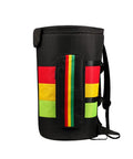 Road Warrior Djembe Drum Backpack With Waterproof Oxford Weave For 13 Inch African Percussion Street Tested Gig Bag side view, featuring colorful stripes.