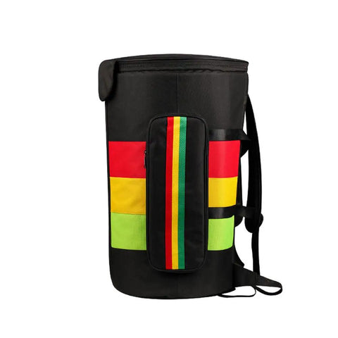Road Warrior Djembe Drum Backpack With Waterproof Oxford Weave For 13 Inch African Percussion Street Tested Gig Bag side view, featuring colorful stripes.