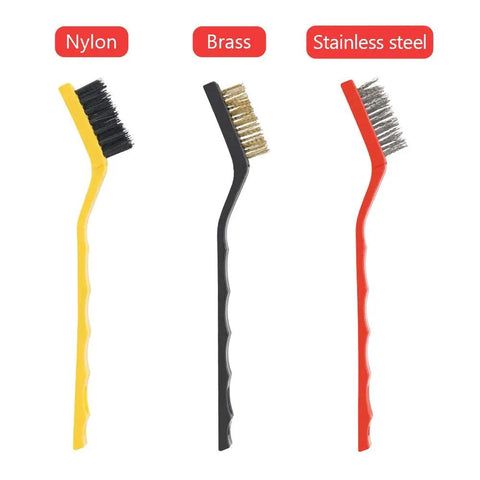 Three detailing brushes in nylon, brass, and stainless steel for 9 Piece Auto Detailing Brush Set With Soft Bristles For Interior And Exterior Cleaning