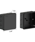 Ip65 Waterproof Project Box With Screwless Cover, Outdoor Electrical Enclosure Pack Of Two, Heavy Duty Plastic Housing Black, 3.5 X 3.5 Inches, showcasing dimensions and design.