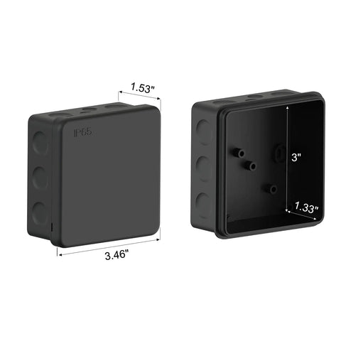 Ip65 Waterproof Project Box With Screwless Cover, Outdoor Electrical Enclosure Pack Of Two, Heavy Duty Plastic Housing Black, 3.5 X 3.5 Inches, showcasing dimensions and design.