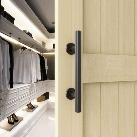 12 Inch Sliding Barn Door Handles And Pulls Double Sided Hardware Set installed on wooden door, black aluminum