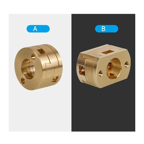Upgrade Your 3D Printer Setup With This Sweet T8 Z-Axis Lead Screw Kit Featuring Solid Oldham Brass Coupling Plus Z Stabilizer For Smooth Linear Motion And Precision Printing On Any Custom Build. Brass coupling parts A and B