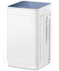 Compact Fully Automatic Washing Machine With Drain Pump 7 Wash Settings 4 Water Levels Portable Laundry Spin Doctor For Apartments Rv Dorms And Studios Wash Day Done Right No Sweat Cleaning side view of white laundry machine with blue top