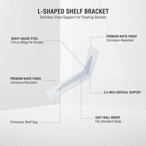 Beefy Heavy Duty L Shaped Stainless Steel Shelf Bracket Wall Mount For Floating Shelves 5.5 By 2.4 Inch White Finish diagram