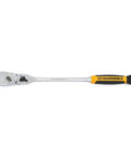 Side view of Workhorse Three Piece Inch Drive Ratchet Set With One Quarter Inch, Three Eighths Inch And One Half Inch Drives, 90 Tooth Dual Material Locking Flex Head, Low Profile Teardrop Head, On And Off Switch, Nine Locked Positions.