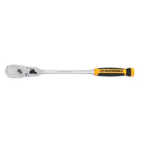 Side view of Workhorse Three Piece Inch Drive Ratchet Set With One Quarter Inch, Three Eighths Inch And One Half Inch Drives, 90 Tooth Dual Material Locking Flex Head, Low Profile Teardrop Head, On And Off Switch, Nine Locked Positions.