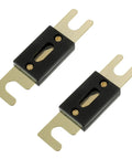 Heavy Duty ANL Fuse Holder And 250 Amp Gold Plated Fuses, two pack with black housing, designed for car audio circuit protection.