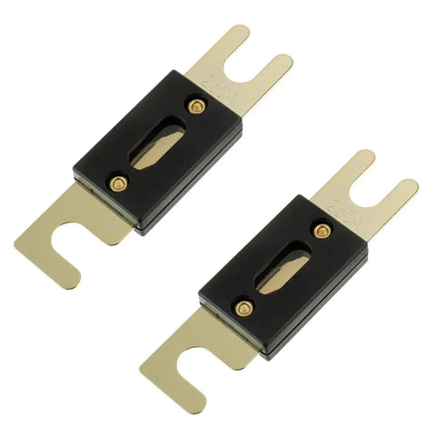 Heavy Duty ANL Fuse Holder And 250 Amp Gold Plated Fuses, two pack with black housing, designed for car audio circuit protection.