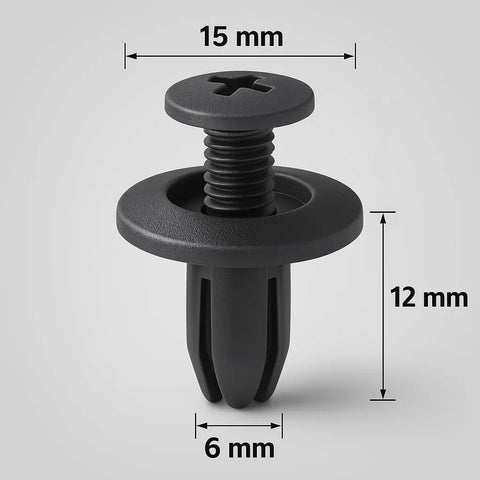 100 Piece Front Fender Clip Kit Push In Nylon Retainer Clips 15mm Head 12mm Stem 6mm Hole Black for Honda