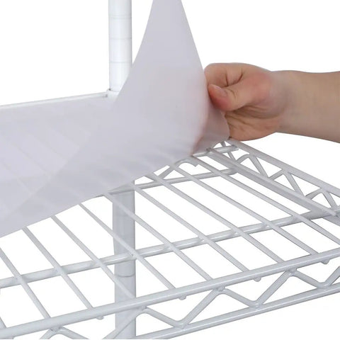 Shelf of Seven Tier Heavy Duty Wire Storage Shelving Unit with adjustable shelves and locking casters, showing liner placement.