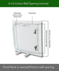 No Sweat Push To Open Metal Access Panel 6 X 6 Inches showing panel neck and swing tabs installed in drywall.
