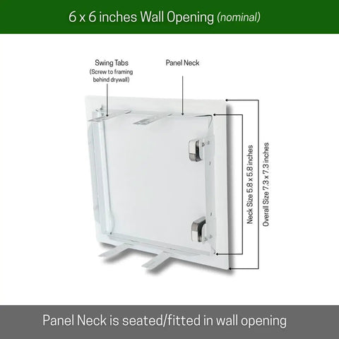 No Sweat Push To Open Metal Access Panel 6 X 6 Inches showing panel neck and swing tabs installed in drywall.