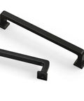 Matte Black Cabinet Pulls Pack Of 20, 5 Inch Length, 128mm Hole Center, solid metal handles, angled view