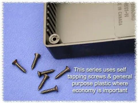 Kickass Heavy Duty Multipurpose Enclosure Crafted From Durable Styrene Plastic With Smooth Black Surface And IP54 Water Resistant Shielding with self-tapping screws.