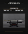 Real Deal Aluminum Iaito Training Katana for Iaido Practice unsharpened 28 inch blade on display stand with dimensions listed