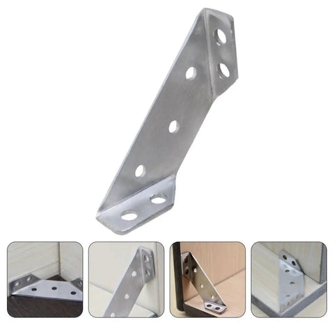 Six Pack Stainless Steel Corner Brackets for Wood Furniture, Triangular Shape, shown in different installation angles.
