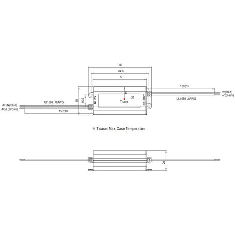 Technical diagram of the APV-16-24 16W 24V Constant Voltage LED Power Supply for DIY Projects, showcasing dimensions and wiring.