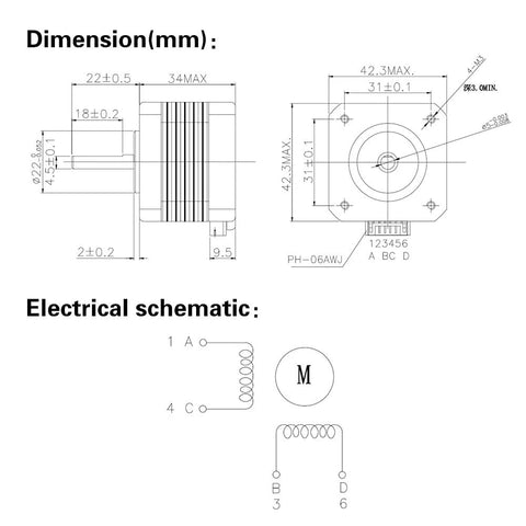 Technical diagram of NEMA17 stepper motors kit showing dimensions and electrical schematic for mounting and wiring guidance.