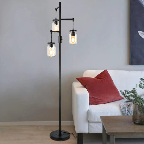 Industrial Floor Lamp With Mason Jar Shade 64 Inch Tall Black Standing Lamp 3 Light Vintage Tree Design in living room
