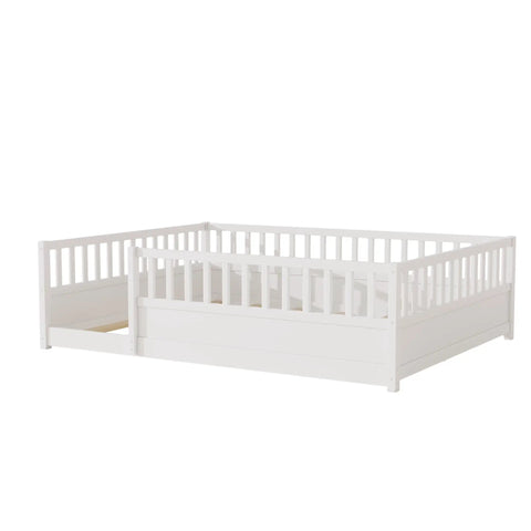Queen Montessori Floor Bed With 21.46-Inch Wraparound Guardrails For Toddlers And Kids in white finish, solid wood frame