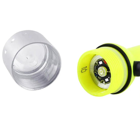 Close-up of 180 LED Diving Flashlight Underwater Torch in Fluorescent Green, aluminum body, waterproof 50-60 meters, nylon strap shown.