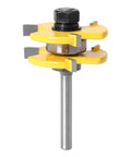 Get Ready To Build Like A Boss With These 2 Pcs Tongue And Groove Router Bits Featuring Sharp Carbide Blades For Flawless Cabinet Joints And Floor Projects. Close-up of a carbide router bit with yellow cutting edges and a steel shank.