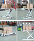 Heavy Duty Hydraulic Scissor Lift Table With Smooth Rolling Casters And One Button No Sweat Height Adjustment Up To Eighty Six Cm with stacked boxes.