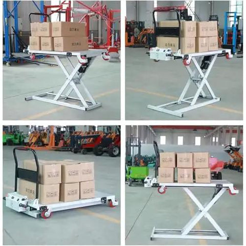 Heavy Duty Hydraulic Scissor Lift Table With Smooth Rolling Casters And One Button No Sweat Height Adjustment Up To Eighty Six Cm with stacked boxes.