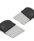 Guardians crinkle chopper set of 2 with black handles and stainless steel tined blades for making wavy potato cuts.