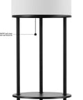 Close-up of Versailles Floor Lamp With Built-In Shelves, 57.5 Inch Matte Black with white linen shade and pull chain.