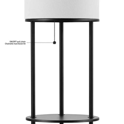 Close-up of Versailles Floor Lamp With Built-In Shelves, 57.5 Inch Matte Black with white linen shade and pull chain.