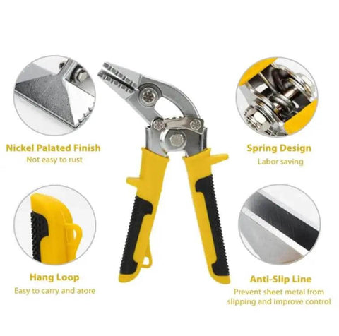 Three Inch Curved Jaw Offset Sheet Metal Bender Hand Seamer with yellow rubber grip, nickel finish, and anti-slip line design.