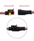 2 Pin Waterproof 18AWG Wire Connector Kit 5 Pack With Preassembled 10cm Pigtails displayed with close-up of connection mechanism.