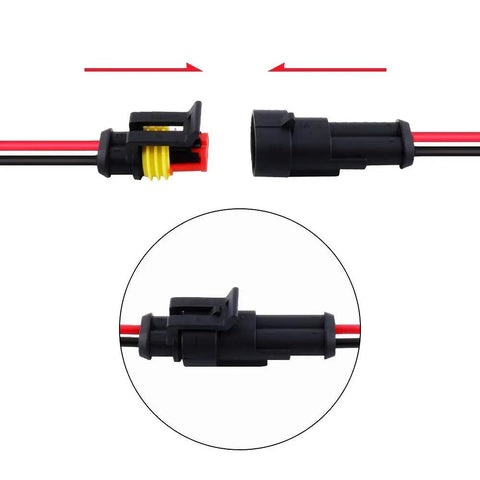 2 Pin Waterproof 18AWG Wire Connector Kit 5 Pack With Preassembled 10cm Pigtails displayed with close-up of connection mechanism.