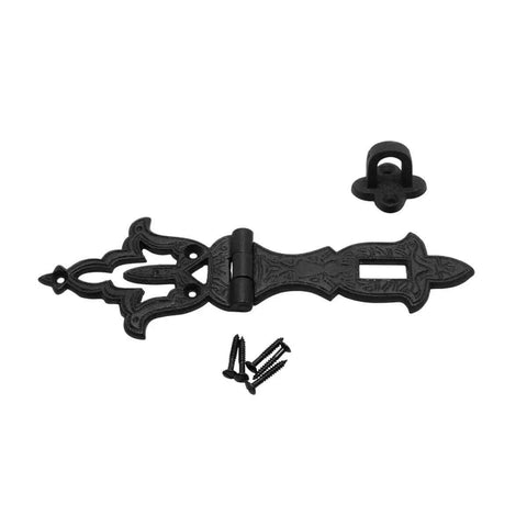 Colonial Style Black Wrought Iron Hasp Door Lock Latch Eight And A Quarter Inch with mounting hardware and screws