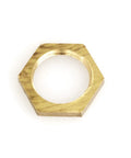 Close-up of Pro Grade Brass Hex Lock Nut, 3/8 Inch NPT Female Pipe Thread Fitting, heavy duty copper alloy connector.