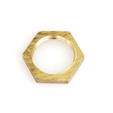 Close-up of Pro Grade Brass Hex Lock Nut, 3/8 Inch NPT Female Pipe Thread Fitting, heavy duty copper alloy connector.