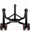 Front view of Front Headlift Stand for Motorcycle With Triple Tree Pins Front Wheel Lift Stand with four wheels for stability.
