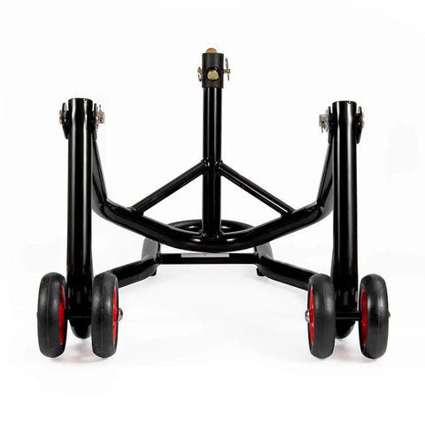 Front view of Front Headlift Stand for Motorcycle With Triple Tree Pins Front Wheel Lift Stand with four wheels for stability.