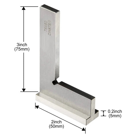 3 Inch Engineer Square Workhorse for Precision Layout and Machining, 90 Degree Right Angle Ruler, Ground Hardened Steel with Inside Notch, DIN 875 Grade 1, True Inside and Outside Angles, Beams Ground and Polished, 3 by 2 Inch shown with measurements