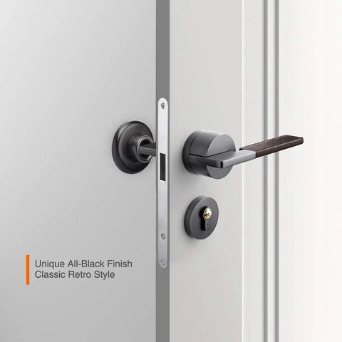 Solid Wall Door Bumper Stop With Thick 1 1/8 Inch Rubber Cushion And Matte Black Metal Shield Keeps Door Handles Off Painted Walls Quick Screw Mount Hardware Upgrade For Any Home Space close-up of door handle with matte black finish.