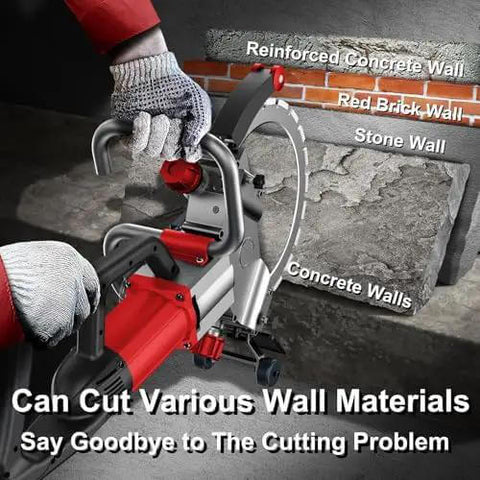 Pro Built Brushless Concrete Circular Saw With 370Mm Blade And Fast 270Mm Cut Depth Featuring Water Fed Dust Knockout For Clean Wall Cutting On Stone Brick And Marble Block cutting through various wall materials.