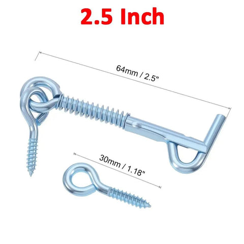 Tank Tough Zinc Plated Hook And Eye Latch With Snap Shut Spring Lock For Secure Shed Gate And Cabinet Doors Weather Resistant Steel Safety Catch 4 Pack with measurements displayed.