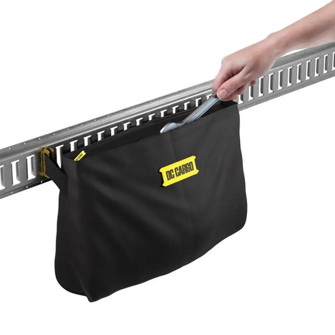 Heavy Duty E Track Tie Down Kit With Four 2x16 Ratchet Straps Eight Tie Offs Six O Rings And One E Track Cargo Bag attached to rail