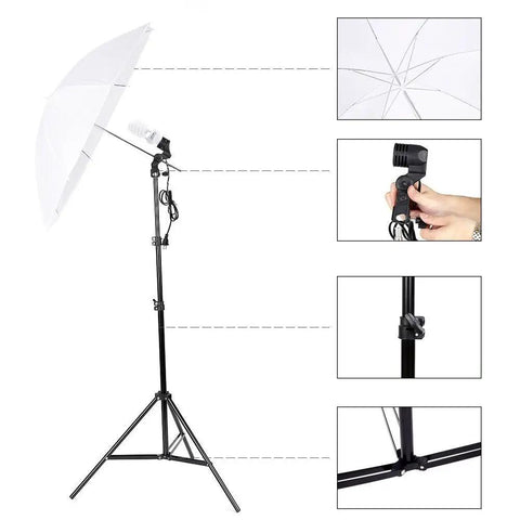 Go-To Pro Grade Studio Photo Lighting Kit with 2M X 3M Backdrop System, includes umbrella and adjustable light stand.