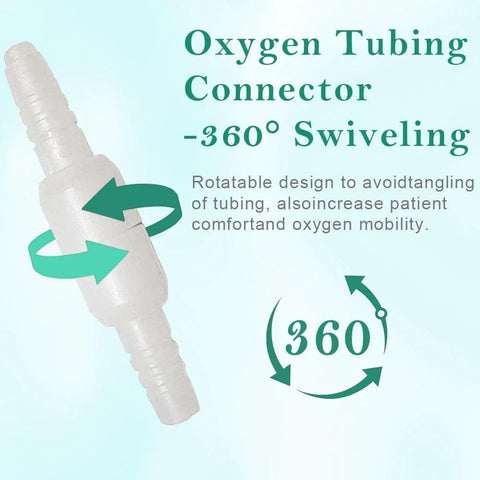 Front view of a white translucent plastic oxygen tubing swivel connector with 360-degree rotation and barbed ends