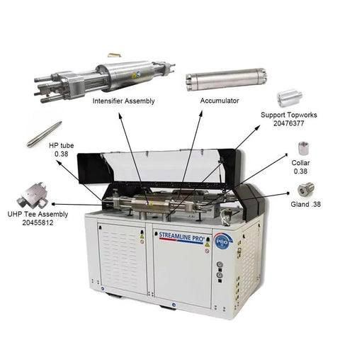 High-Pressure Waterjet Sealing Head Assembly For Cutting Machine 90k PSI Replacement Part 72170157 components displayed