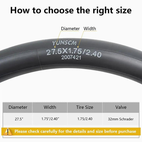 2-Pack 27.5 Inch Heavy Duty Bike Tubes 27.5x1.75 to 2.40 AV Schrader Valve 32mm 45 62 584 sizing guide