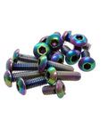 Top Shelf Rainbow Anodized Grade 2 Titanium Hex Socket Button Head Screws M3 By 15 Millimeters Pack Of Fifty scattered on a surface.